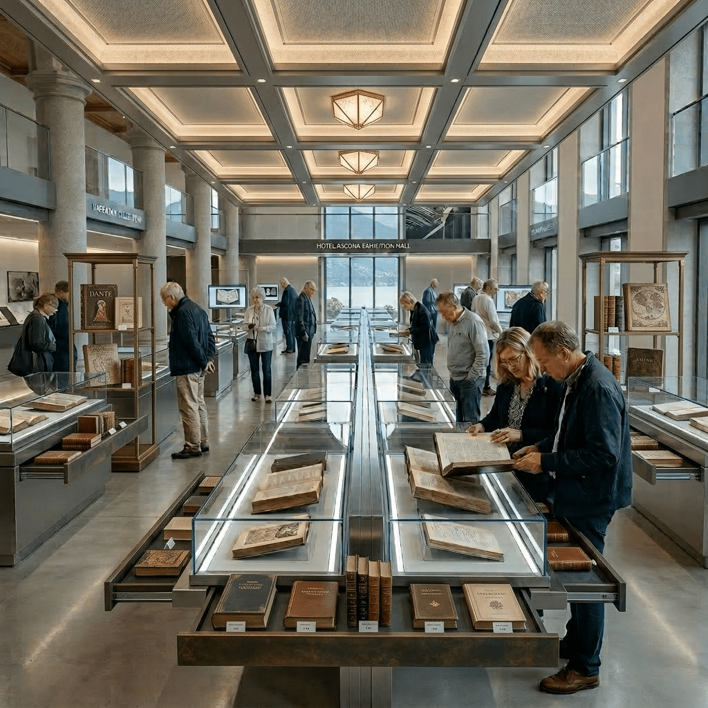 Visitors browsing rare books and manuscripts at an exhibition in a large historic library hall